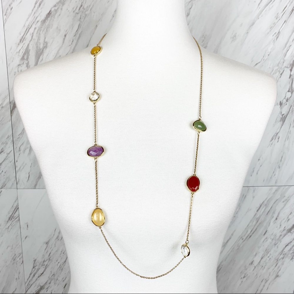 Loft Multicolor Glass Stone Necklace Gold Chain Long Layering Preppy Polished
